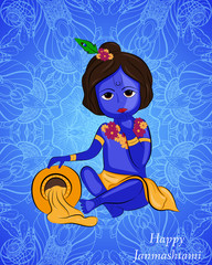 Obraz na płótnie Canvas Little cartoon Lord Krishna with pot of butter. Greeting card for Krishna birthday. Happy janmashtami. Vector illustration.