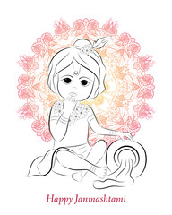 Little cartoon Lord Krishna with pot of butter. Greeting card for Krishna birthday. Happy janmashtami. Vector illustration.
