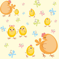 Colorful children's seamless pattern in cartoon style with the image of hen and little chickens