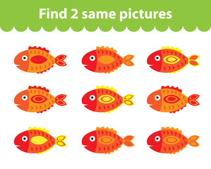 Children's educational game. Find two same pictures. Set of fish for the game find two same pictures. Vector illustration.