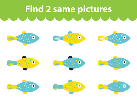 Children's educational game. Find two same pictures. Set of fish for the game find two same pictures. Vector illustration.