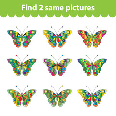 Children's educational game. Find two same pictures. Set of butterflies for the game find two same pictures. Vector illustration.