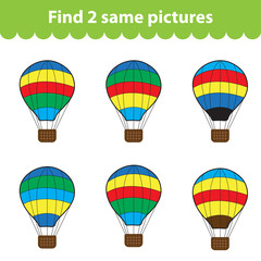 Children's educational game. Find two same pictures. Set of air balloon for the game find two same pictures. Vector illustration.