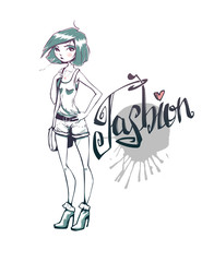 Beautiful girl in high heels. Fashionable woman. Short haircut. Vector illustration. Fashion and Style. Girl in shorts.