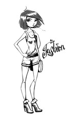 Beautiful girl in high heels. Fashionable woman. Short haircut. Vector illustration. Fashion and Style. Girl in shorts.