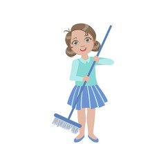 Girl Sweeping The Floor With The Broom