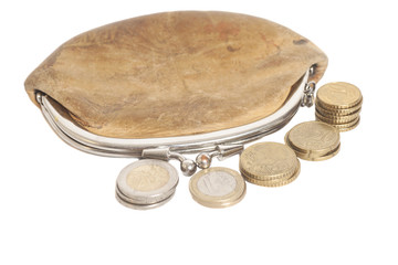 wallet with some euros coins isolated on white