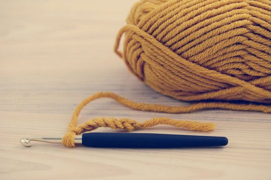 crocheting with wool ball
