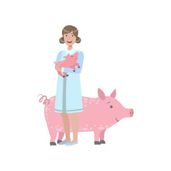 Woman In White Gown Holding A Piglet With Adult Pig Behing Her