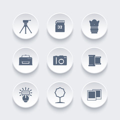 photo equipment icons, camera, tripod, memory card, film, lens, softbox, flash
