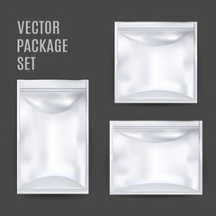 White Blank Foil Food Snack Sachet Bag Packaging For Coffee, Salt, Sugar, Pepper, Spices, Sachet, Sweets, Chips, Cookies. Vector Mock Up Illustration Isolated.