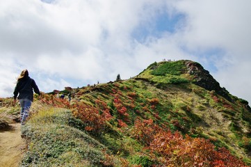 紅葉がきれいな山を登る女性