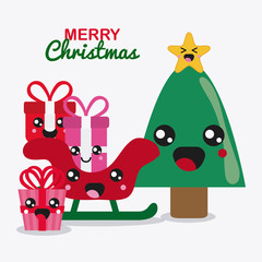Merry Christmas and kawaii concept represented by pine tree and gifts cartoon icon. Colorfull and flat illustration