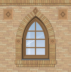 Arched antique window on a brick wall, the texture of the building facade, vector graphics