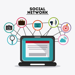 Social Network concept represented by laptop and  icon set. Colorfull and flat illustration