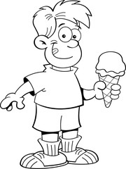 Black and white illustration of a boy eating an ice cream cone.