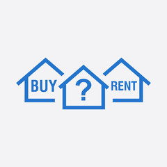 Fototapeta na wymiar Buy or rent house. Blue home symbol with the question. Vector illustration in flat style on white background.