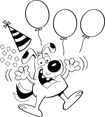 Black and white illustration of a dog jumping with balloons and a party hat.