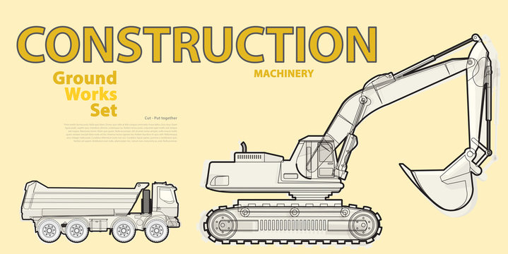 Black and white wire big set of ground works machines vehicles on yellow. Construction equipment for building. Truck, Digger, Crane, Forklift, Bagger, Mix, Extravator. Master vector illustration.