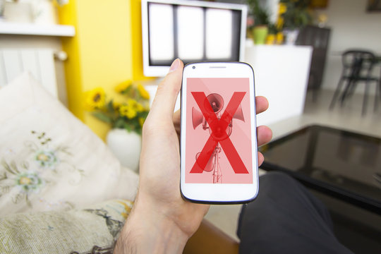 Hand holding smartphone with adblocker concept on the screen.