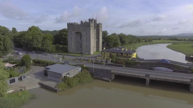 Aerial view of Irelands most famous public Castle. Bunratty Castle in county Clare Ireland