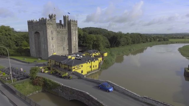 Aerial view of Irelands most famous public Castle. Bunratty Castle in county Clare Ireland
