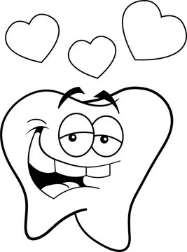 Black and white illustration of a tooth in love.