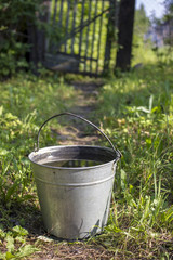 metallic bucket with pure drinking water stands on the footpath in the kitchen garden the background wicket and a fence