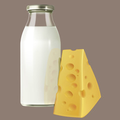 Реалистичная бутылка молока и кусок сыра