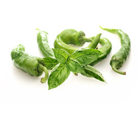 fresh green peppers and basil on a white background