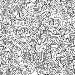 Cartoon hand-drawn doodles of medical seamless pattern