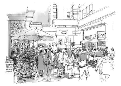 sketch of crowd of people in commercial and busy street