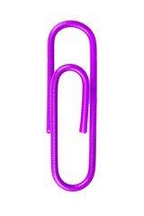 purple paperclip isolated on white background.