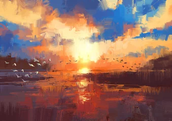 Papier Peint photo Grand échec belle peinture montrant le coucher du soleil sur le lac, illustration