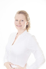 Portrait of blonde woman on white background 