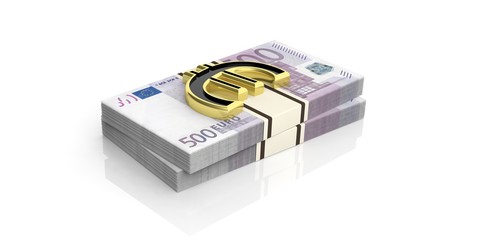 3d rendering golden euro symbol on euro banknotes stacks