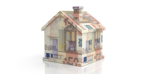Fifty euro banknotes house on white background. 3d illustration