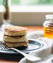 Cottage cheese pancakes, homemade traditional Ukrainian and Russian syrniki