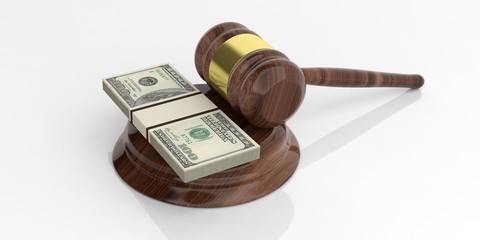 Dollar banknotes stacks and a gavel on white background. 3d illustration