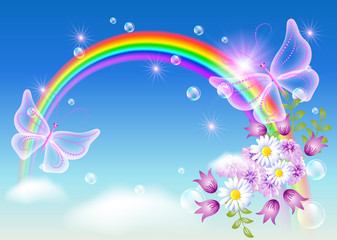 Fototapeta na wymiar Rainbow and magic butterfly in the sky