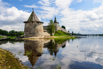 Ancient fortress on the river bank, Pskov Kremlin, Russia. 
