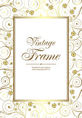 Gold frame with swirls and flowers on white background. Vector.