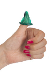 green condom on girl finger