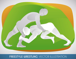 Wrestlers in a Match of Freestyle Wrestling, Vector Illustration