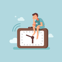 Vector illustration concept of awakening alarm clock. The alarm of a man woke up early in the morning, flat design