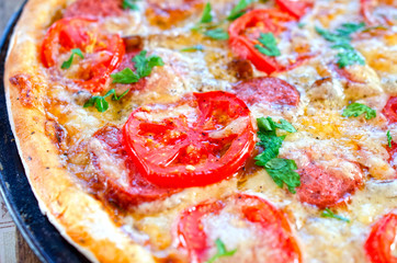 Close up of tasty pizza with chicken, tomato and cheese