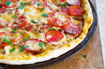 Close up of tasty pizza with chicken, tomato and cheese