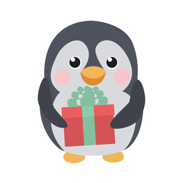 Cute penguin with a gift