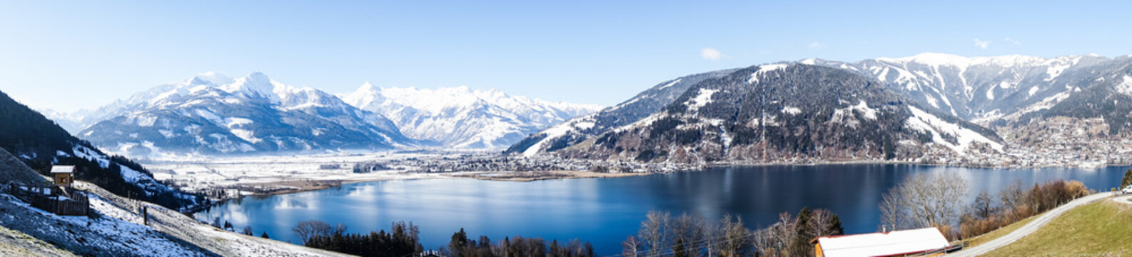 Scenic view on sunny mountain landscape with winter lake in Zell