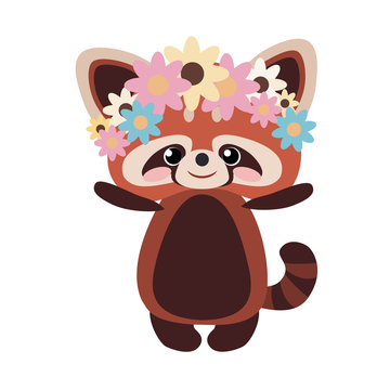 Cute red panda with flowers